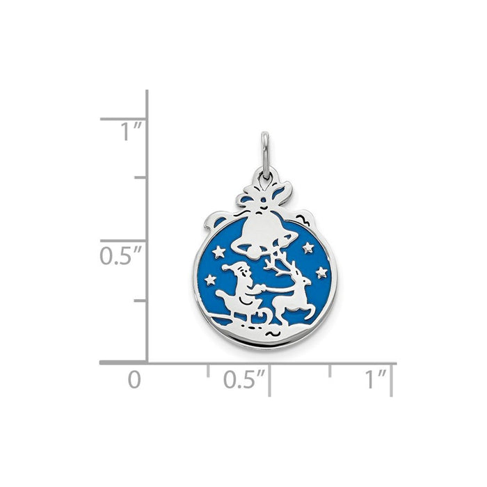 Million Charms 925 Sterling Silver Polished Blue Enamel Santa With Reindeer Circle Pendant