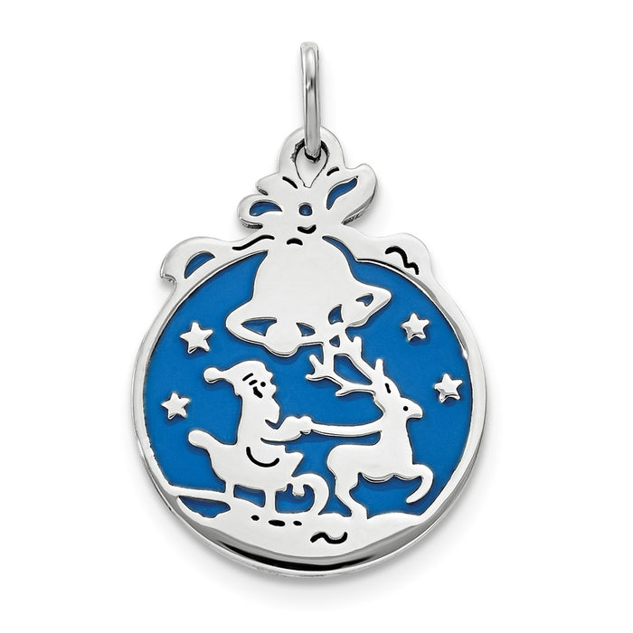 Million Charms 925 Sterling Silver Polished Blue Enamel Santa With Reindeer Circle Pendant
