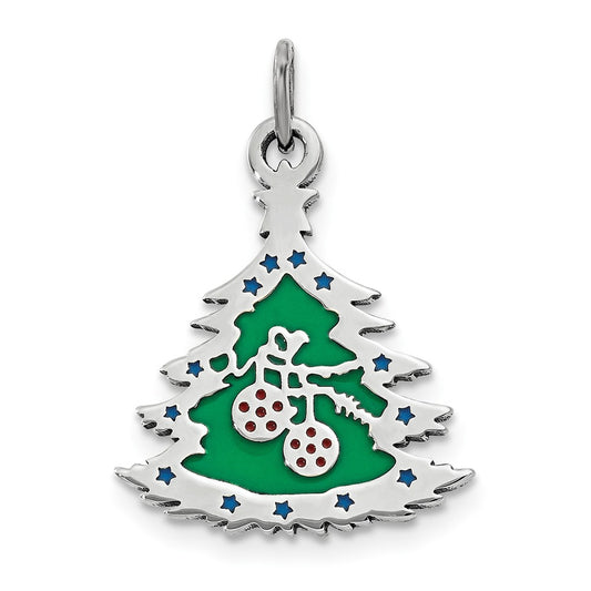 Million Charms 925 Sterling Silver Polished Green Enameled Christmas Tree Pendant