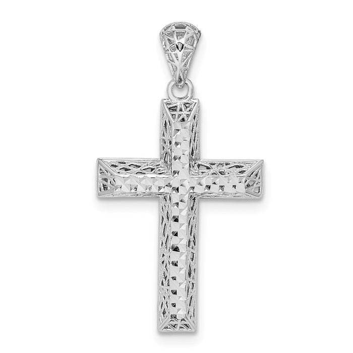 Million Charms 925 Sterling Silver Rhodium-Plated Polished Diamond-Cut Relgious Cross Pendant