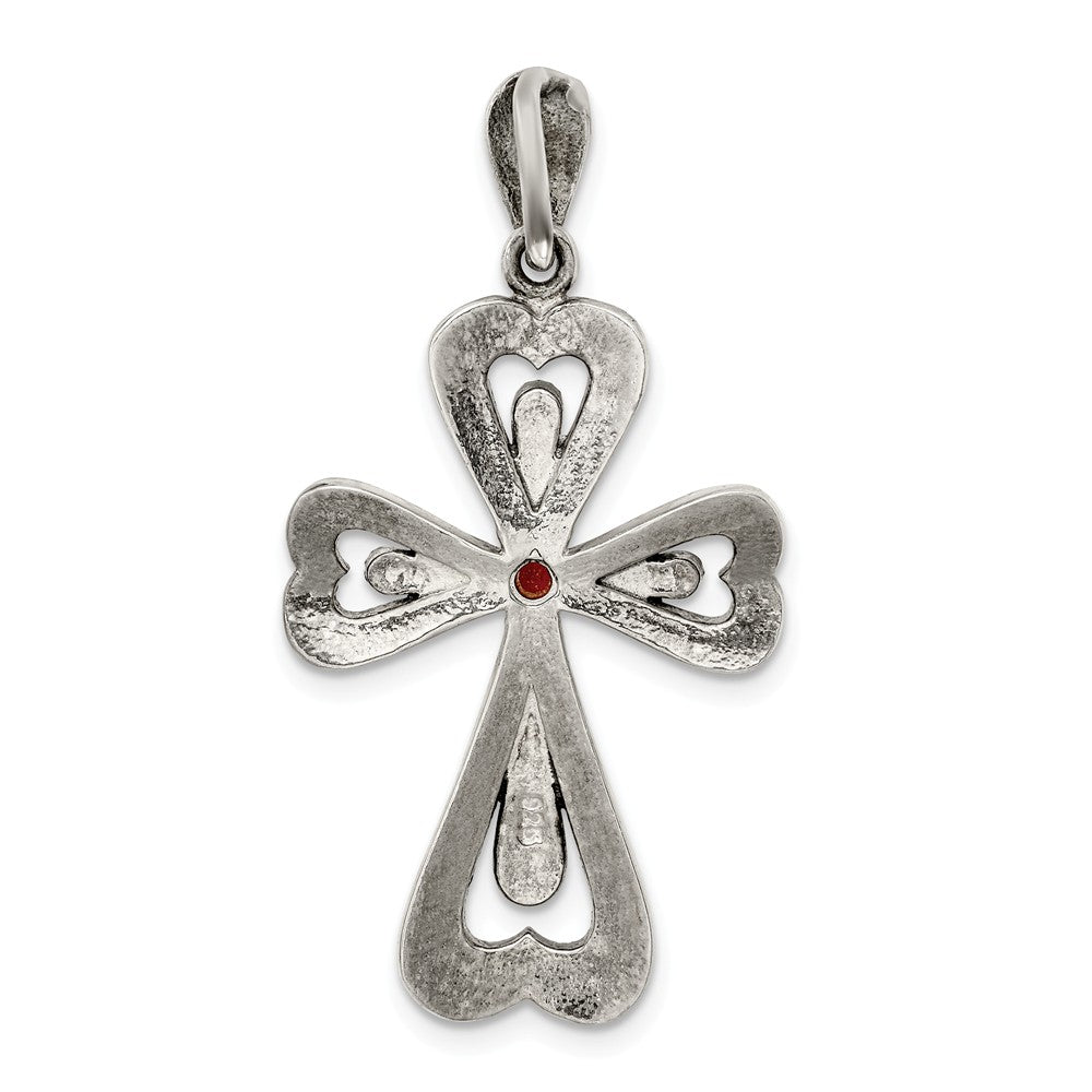 Million Charms 925 Sterling Silver Antiqued Marcasite & Garnet Relgious Cross Pendant