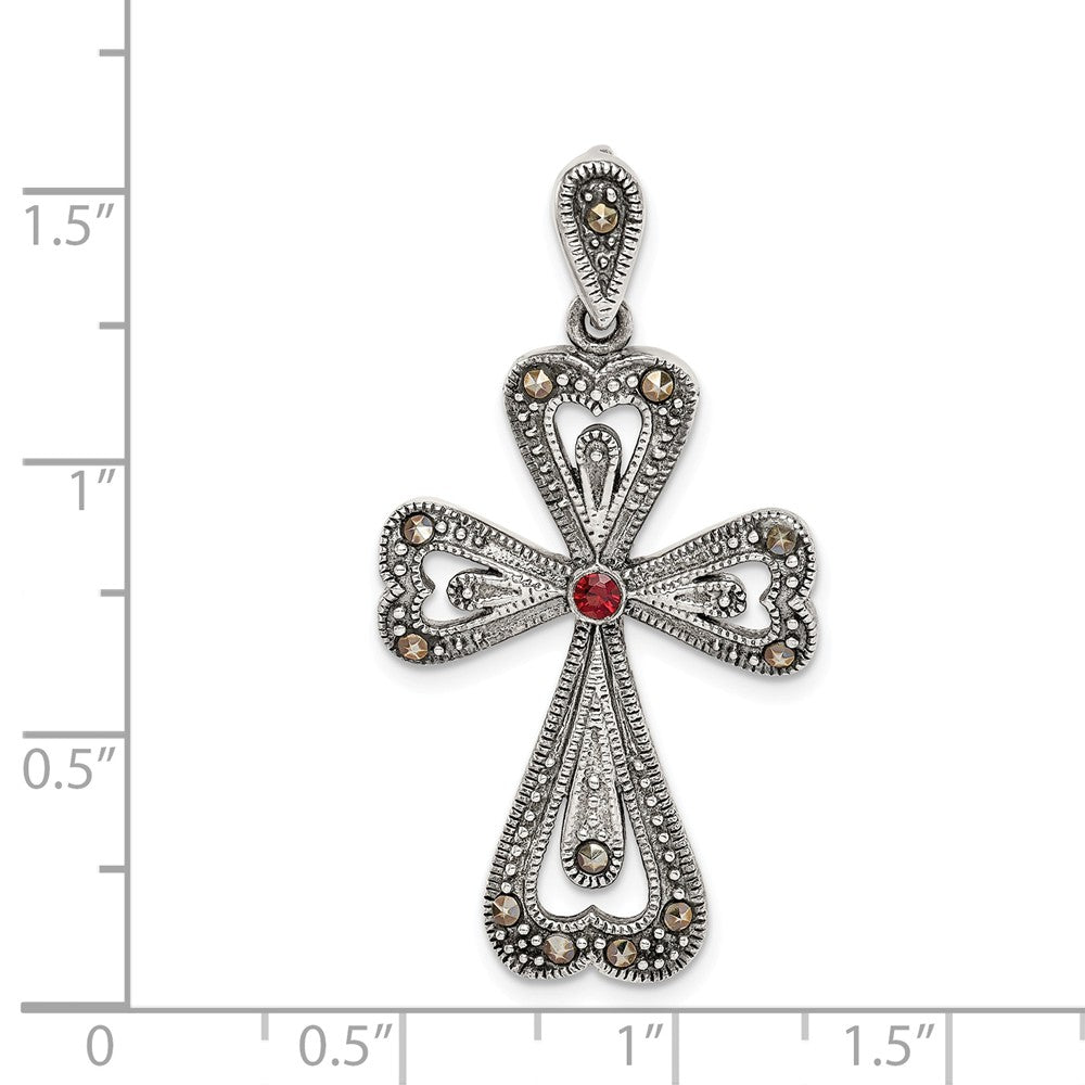 Million Charms 925 Sterling Silver Antiqued Marcasite & Garnet Relgious Cross Pendant