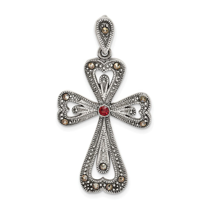 Million Charms 925 Sterling Silver Antiqued Marcasite & Garnet Relgious Cross Pendant