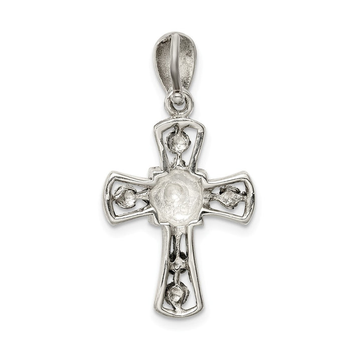 Million Charms 925 Sterling Silver Antiqued Marcasite Flower Relgious Cross Pendant