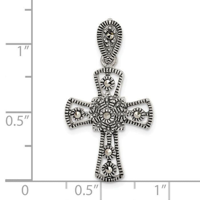 Million Charms 925 Sterling Silver Antiqued Marcasite Flower Relgious Cross Pendant