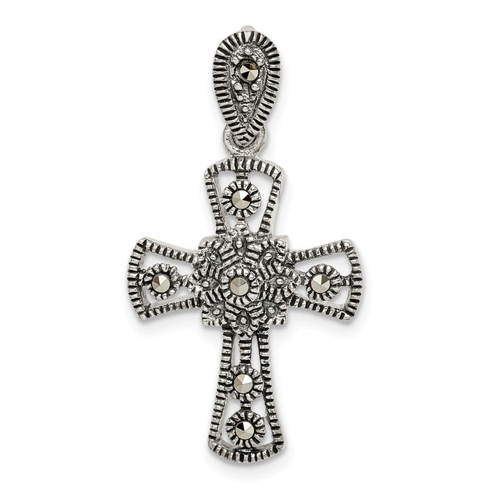 Million Charms 925 Sterling Silver Antiqued Marcasite Flower Relgious Cross Pendant