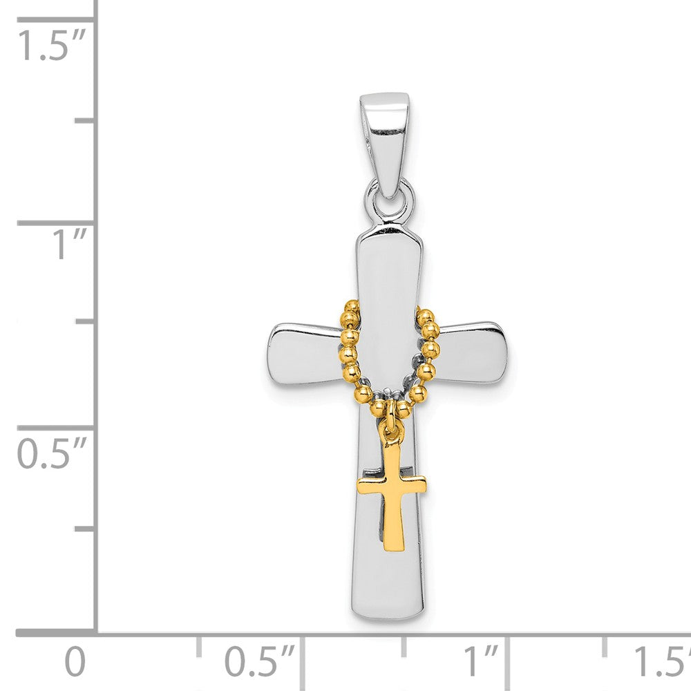 Million Charms 925 Sterling Silver Rhodium-Plated Polished Gold Themed Tone Double Relgious Cross Pendant