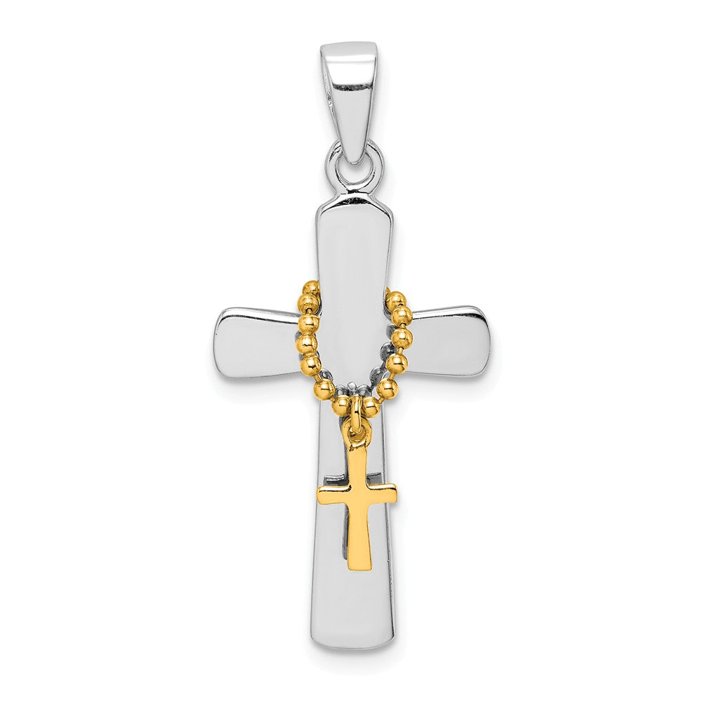 Million Charms 925 Sterling Silver Rhodium-Plated Polished Gold Themed Tone Double Relgious Cross Pendant