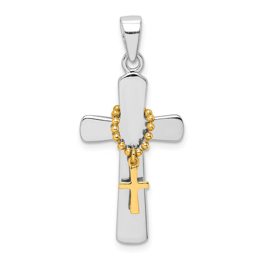 Million Charms 925 Sterling Silver Rhodium-Plated Polished Gold Themed Tone Double Relgious Cross Pendant