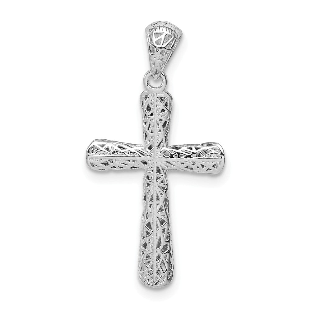Million Charms 925 Sterling Silver Rhodium-Plated Polished Angled Edge Hollow Relgious Cross Pendant
