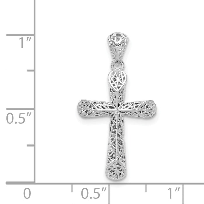 Million Charms 925 Sterling Silver Rhodium-Plated Polished Angled Edge Hollow Relgious Cross Pendant