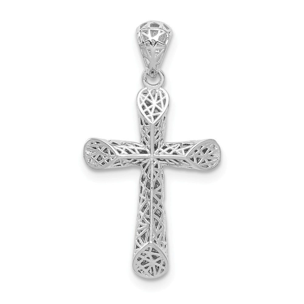 Million Charms 925 Sterling Silver Rhodium-Plated Polished Angled Edge Hollow Relgious Cross Pendant
