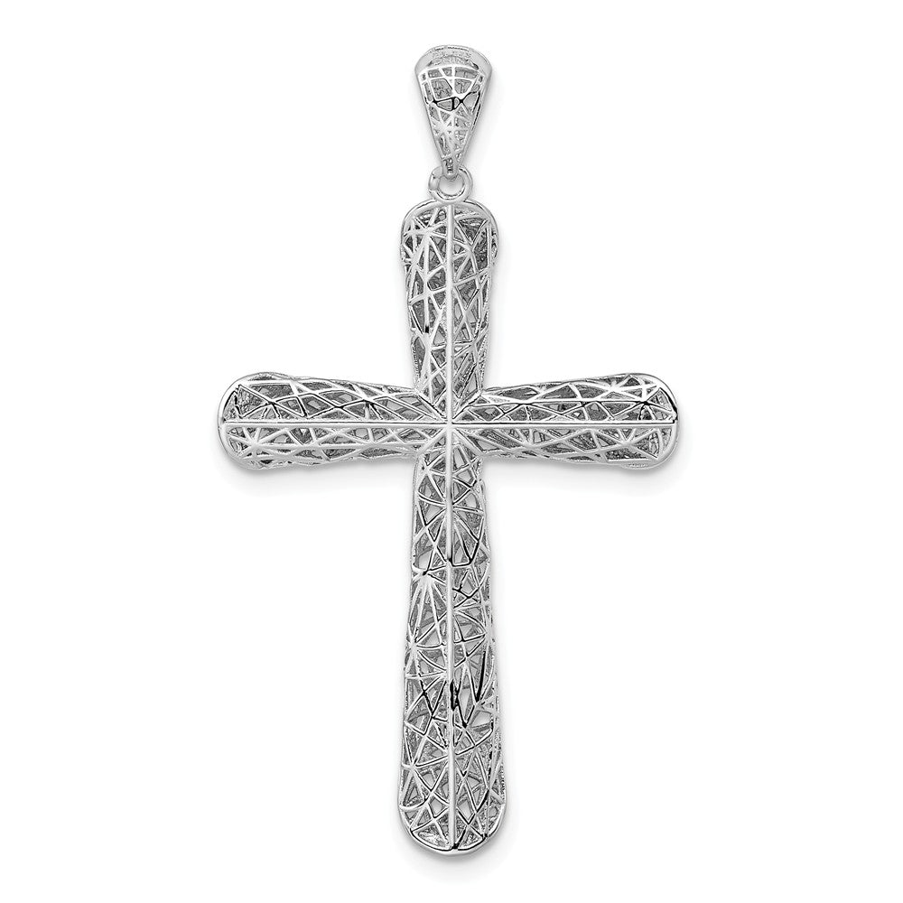 Million Charms 925 Sterling Silver Rhodium-Plated Polished Angled Edge Hollow Relgious Cross Pendant