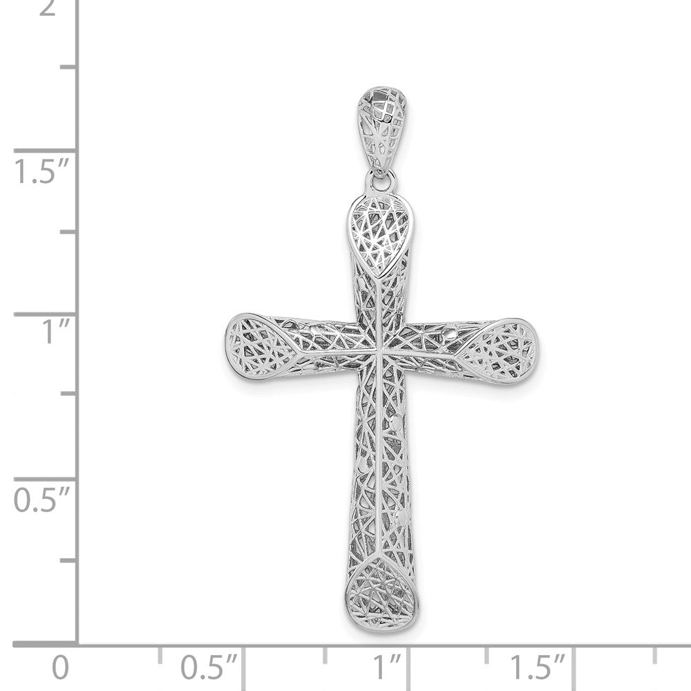 Million Charms 925 Sterling Silver Rhodium-Plated Polished Angled Edge Hollow Relgious Cross Pendant