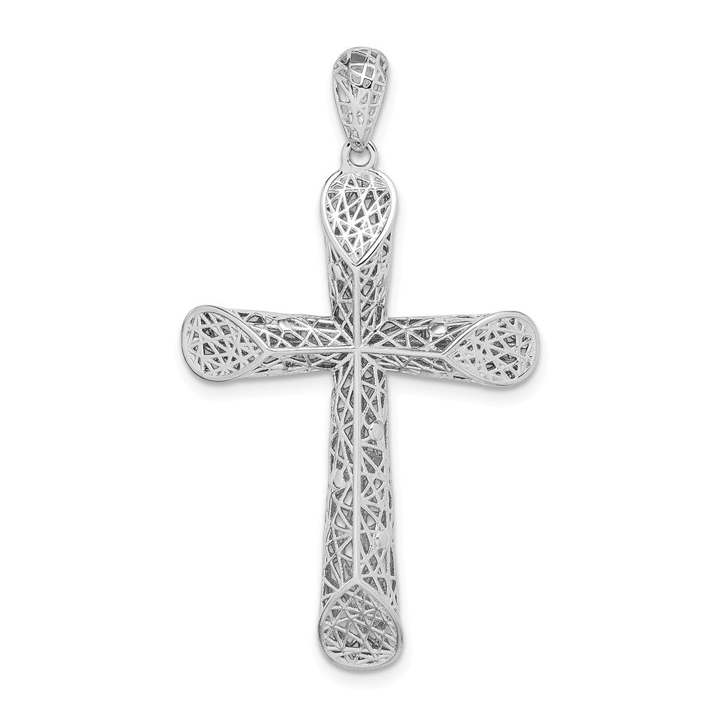Million Charms 925 Sterling Silver Rhodium-Plated Polished Angled Edge Hollow Relgious Cross Pendant