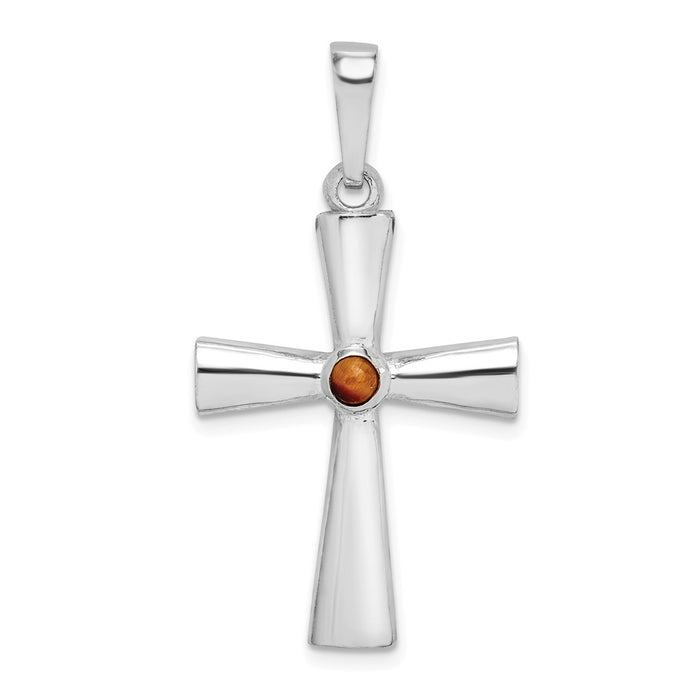 Million Charms 925 Sterling Silver Rhodium-Plated Tigers Eye Relgious Cross Pendant