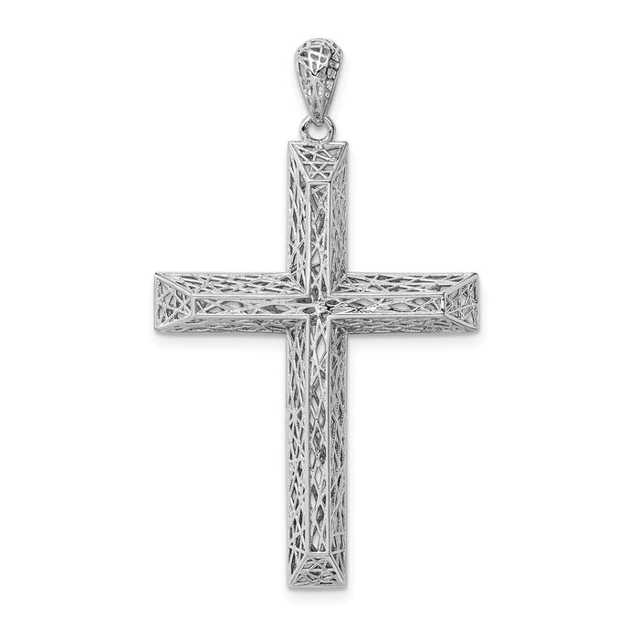 Million Charms 925 Sterling Silver Rhodium-Plated Polished Hollow Relgious Cross Pendant