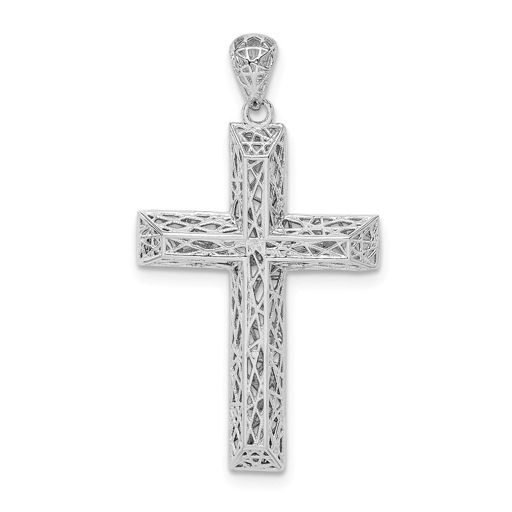 Million Charms 925 Sterling Silver Rhodium-Plated Polished Hollow Relgious Cross Pendant