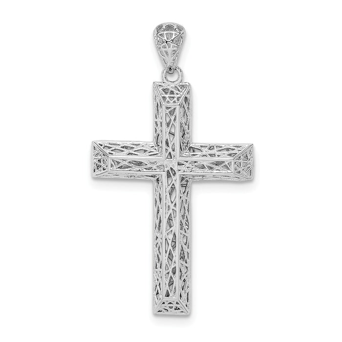 Million Charms 925 Sterling Silver Rhodium-Plated Polished Hollow Relgious Cross Pendant