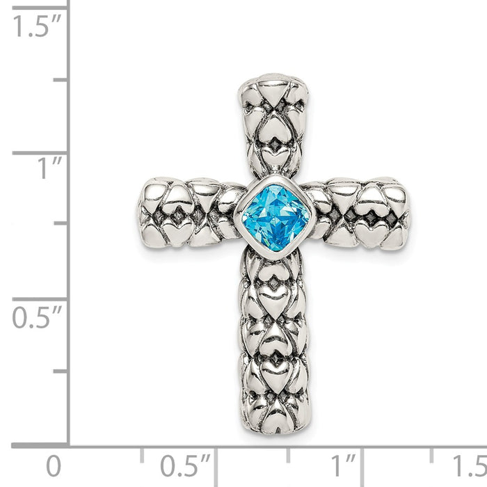 Million Charms 925 Sterling Silver Blue (Cubic Zirconia) CZ Relgious Cross Chain Slide