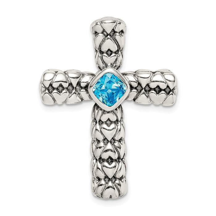 Million Charms 925 Sterling Silver Blue (Cubic Zirconia) CZ Relgious Cross Chain Slide