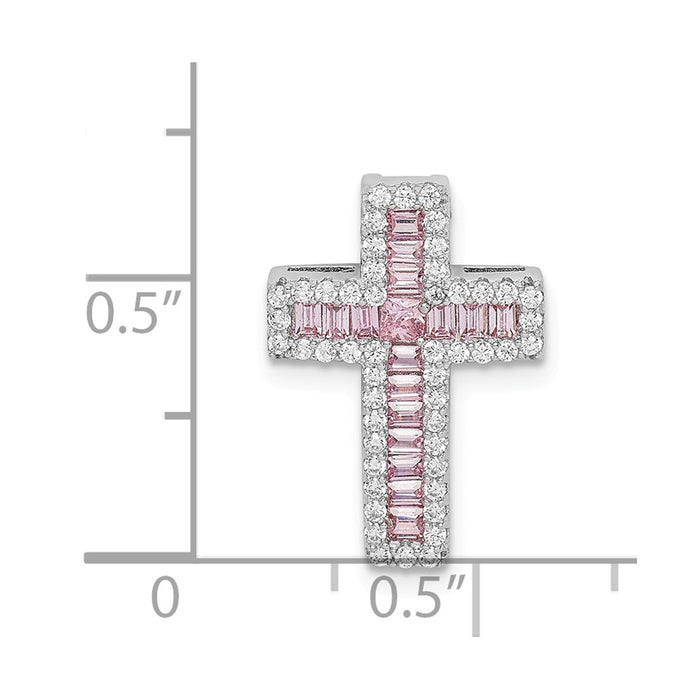 Million Charms 925 Sterling Silver Rhodium-Plated Pink & White (Cubic Zirconia) CZ Relgious Cross Chain Slide