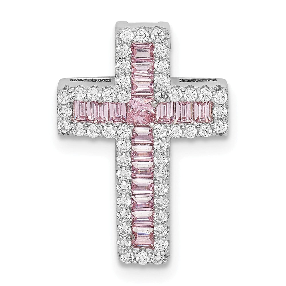 Million Charms 925 Sterling Silver Rhodium-Plated Pink & White (Cubic Zirconia) CZ Relgious Cross Chain Slide