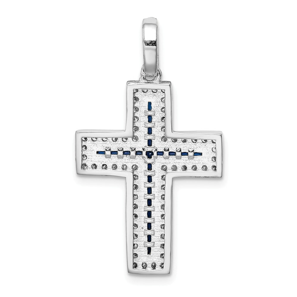 Million Charms 925 Sterling Silver Rhodium-Plated (Cubic Zirconia) CZ & Synthetic Blue Spinel Relgious Cross Pendant