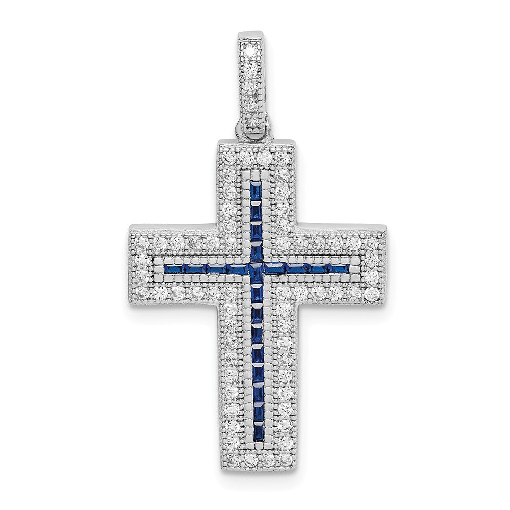 Million Charms 925 Sterling Silver Rhodium-Plated (Cubic Zirconia) CZ & Synthetic Blue Spinel Relgious Cross Pendant
