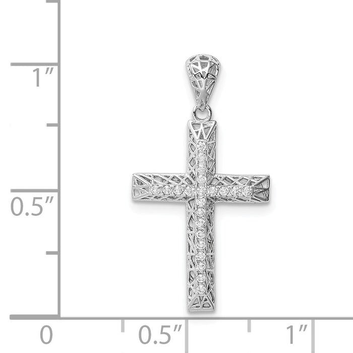 Million Charms 925 Sterling Silver Rhodium-Plated (Cubic Zirconia) CZ Relgious Cross Pendant