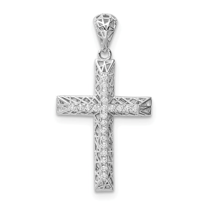 Million Charms 925 Sterling Silver Rhodium-Plated (Cubic Zirconia) CZ Relgious Cross Pendant