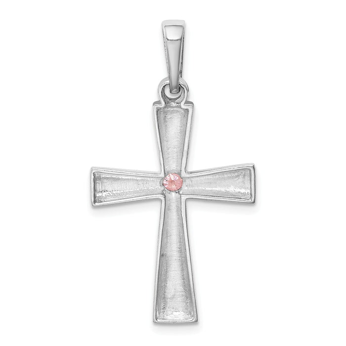 Million Charms 925 Sterling Silver Rhodium-Plated Pink (Cubic Zirconia) CZ Relgious Cross Pendant