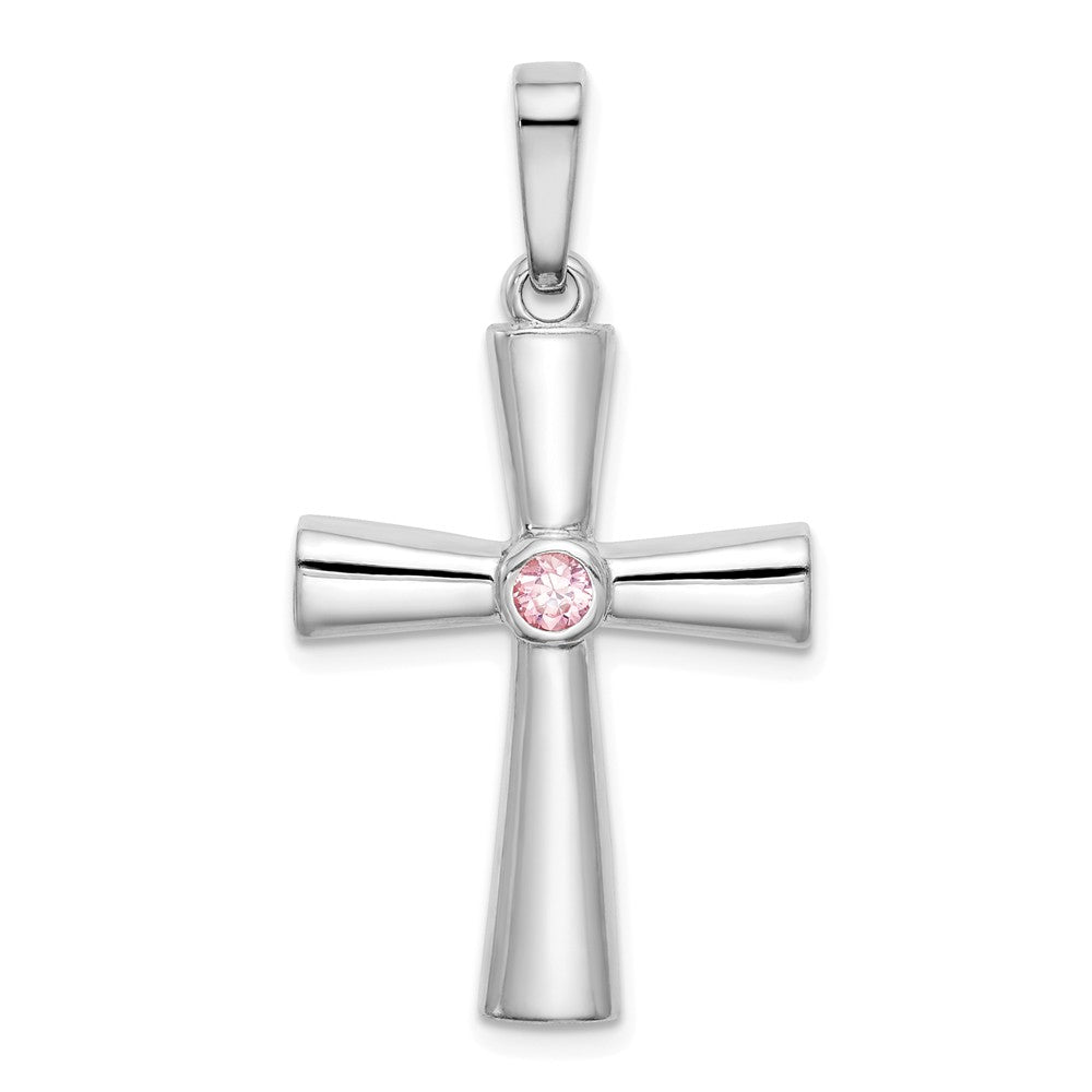 Million Charms 925 Sterling Silver Rhodium-Plated Pink (Cubic Zirconia) CZ Relgious Cross Pendant