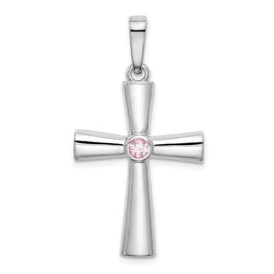 Million Charms 925 Sterling Silver Rhodium-Plated Pink (Cubic Zirconia) CZ Relgious Cross Pendant