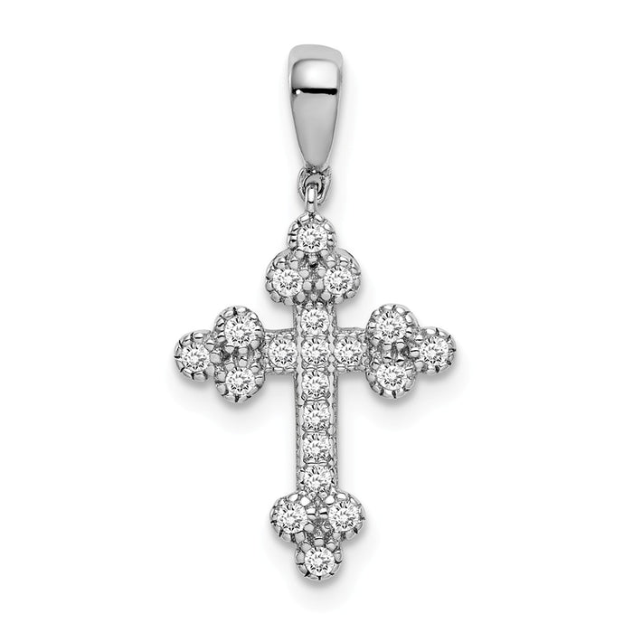 Million Charms 925 Sterling Silver Rhodium-Plated Polished (Cubic Zirconia) CZ Budded Relgious Cross Pendant