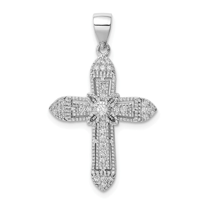 Million Charms 925 Sterling Silver Rhodium-Plated Polished (Cubic Zirconia) CZ Passion Relgious Cross Pendant