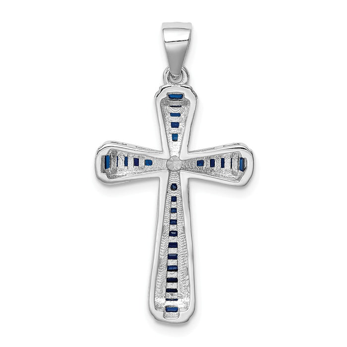 Million Charms 925 Sterling Silver Rhodium-Plated (Cubic Zirconia) CZ & Synthetic Blue Spinel Relgious Cross Pendant