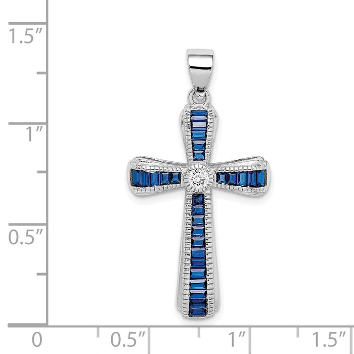 Million Charms 925 Sterling Silver Rhodium-Plated (Cubic Zirconia) CZ & Synthetic Blue Spinel Relgious Cross Pendant