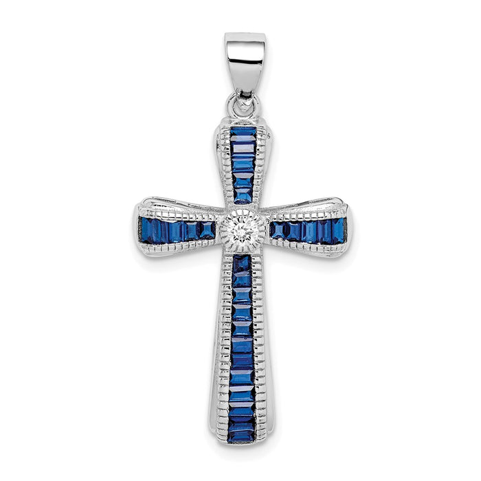 Million Charms 925 Sterling Silver Rhodium-Plated (Cubic Zirconia) CZ & Synthetic Blue Spinel Relgious Cross Pendant