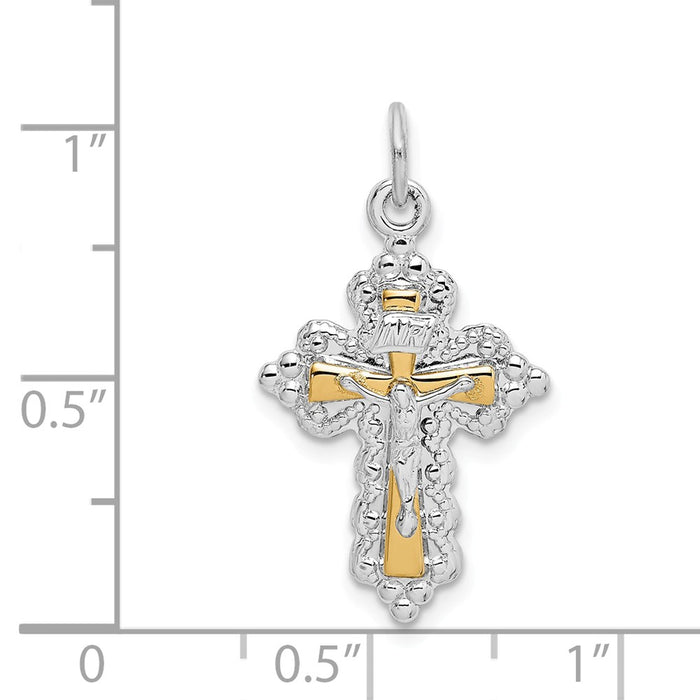 Million Charms 925 Sterling Silver Rhodium-Plated & Gold Themed Tone Relgious Crucifix Pendant