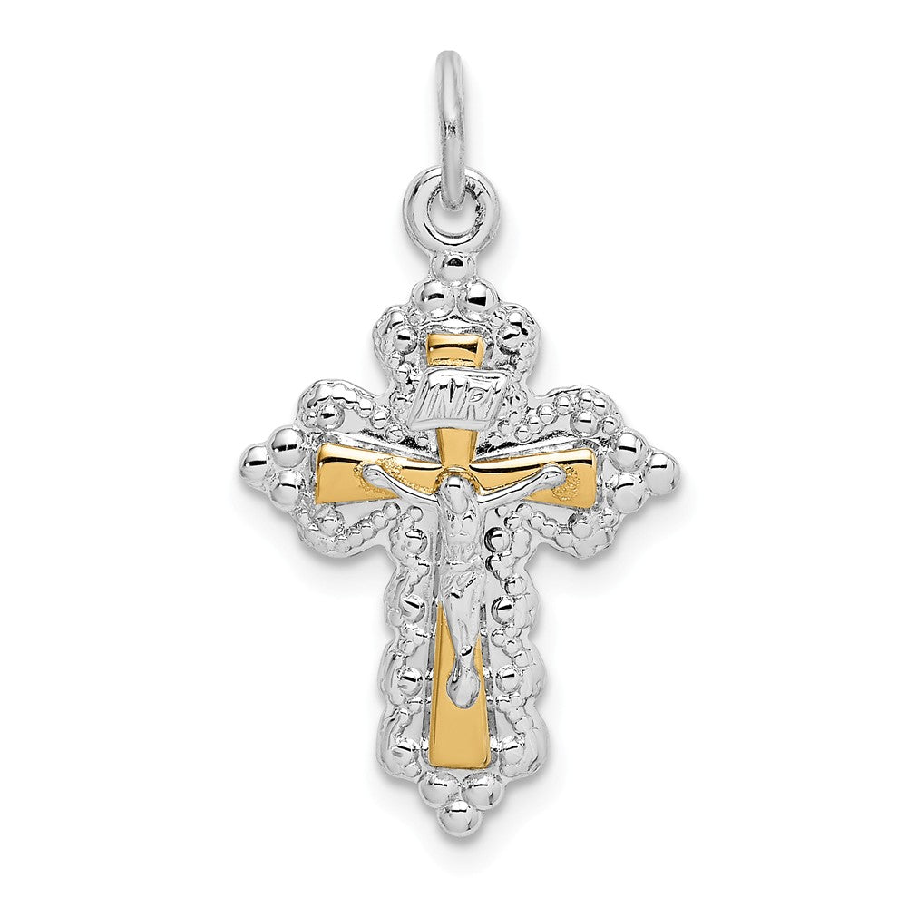 Million Charms 925 Sterling Silver Rhodium-Plated & Gold Themed Tone Relgious Crucifix Pendant