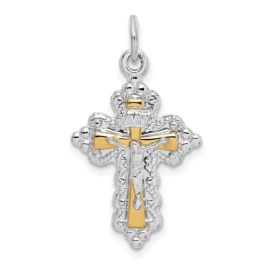 Million Charms 925 Sterling Silver Rhodium-Plated & Gold Themed Tone Relgious Crucifix Pendant