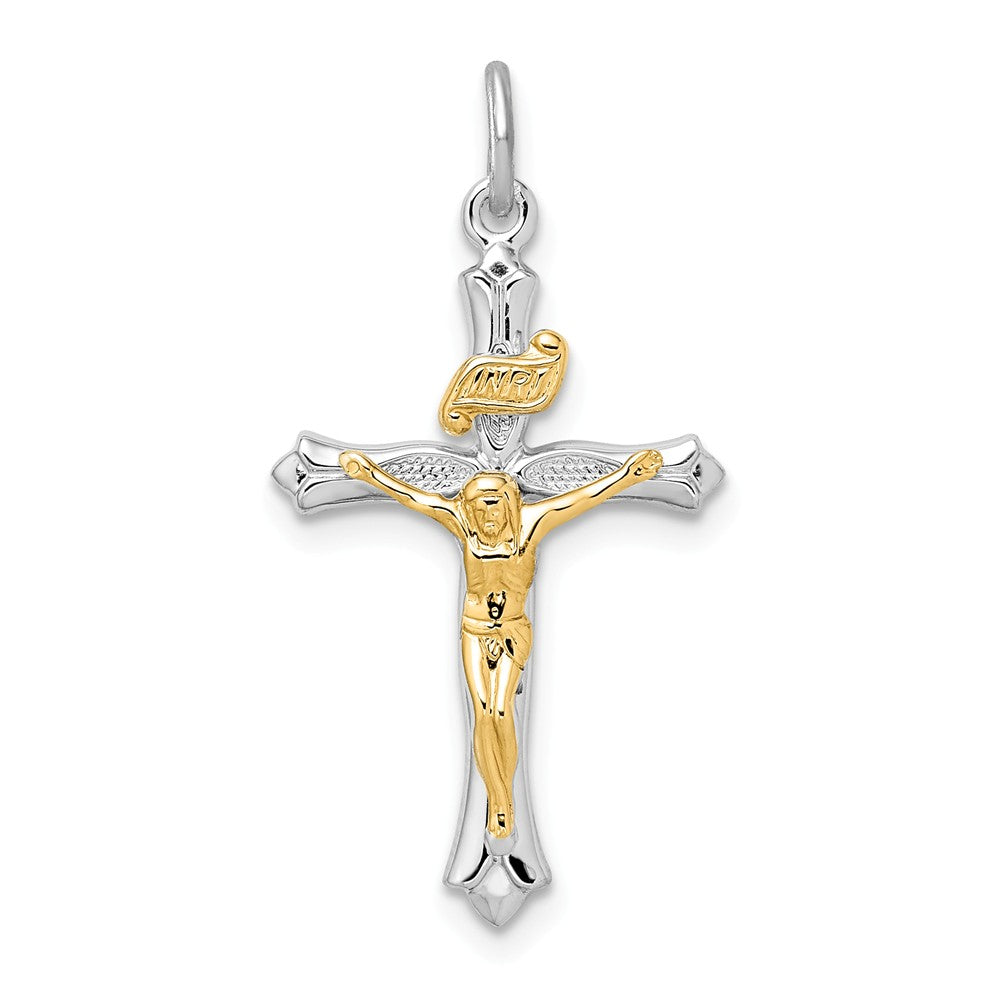 Million Charms 925 Sterling Silver Rhodium-Plated & Gold Themed Tone Relgious Crucifix Pendant