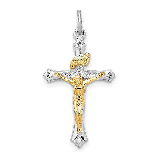 Million Charms 925 Sterling Silver Rhodium-Plated & Gold Themed Tone Relgious Crucifix Pendant
