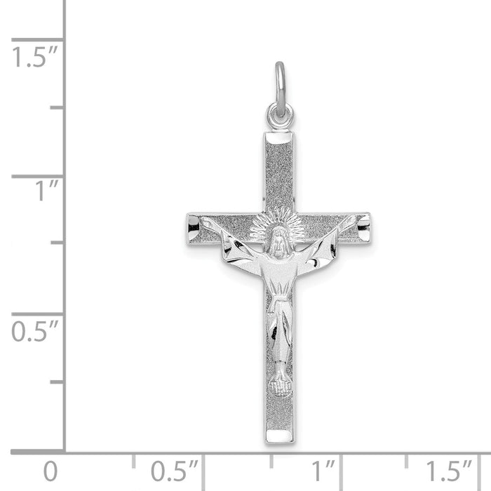 Million Charms 925 Sterling Silver Rhodium-Plated Textured Risen Chist Relgious Cross Pendant