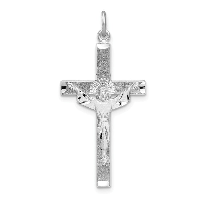 Million Charms 925 Sterling Silver Rhodium-Plated Textured Risen Chist Relgious Cross Pendant