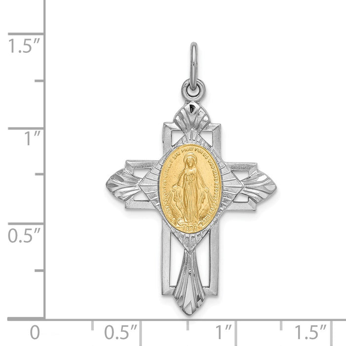 Million Charms 925 Sterling Silver Rhodium-Plated Gold Themed Tone Religious Miraculous Medal Relgious Cross Pendant