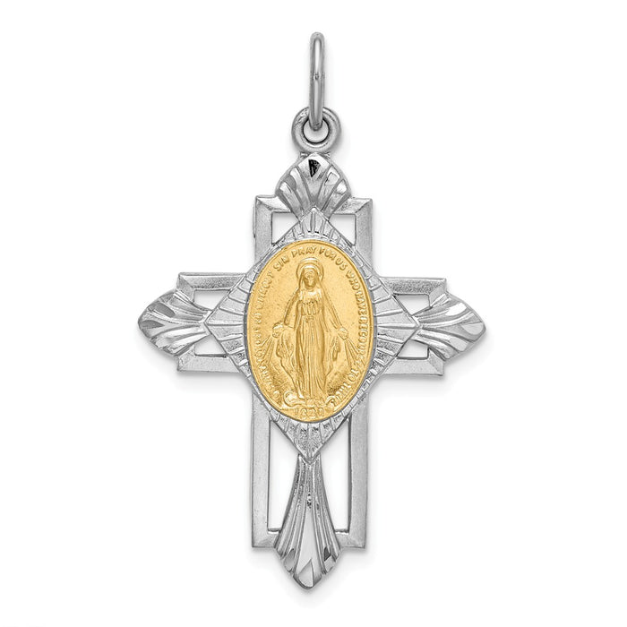 Million Charms 925 Sterling Silver Rhodium-Plated Gold Themed Tone Religious Miraculous Medal Relgious Cross Pendant