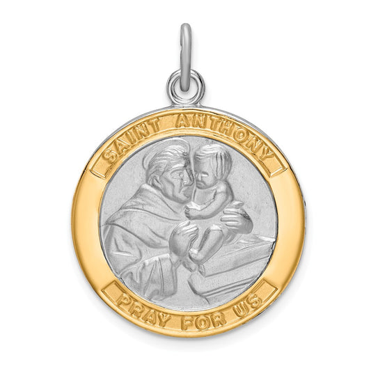 Million Charms 925 Sterling Silver Rhodium-Plated & Gold Themed Tone Religious Saint Anthony Medal Pendant