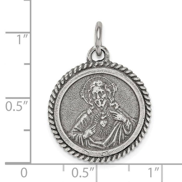 Million Charms 925 Sterling Silver Antiqued Sacred Heart Of Jesus Medal Pendant